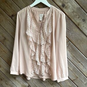 Chico’s pale pink polka dot ruffled long sleeve v neck blouse size 2 large
